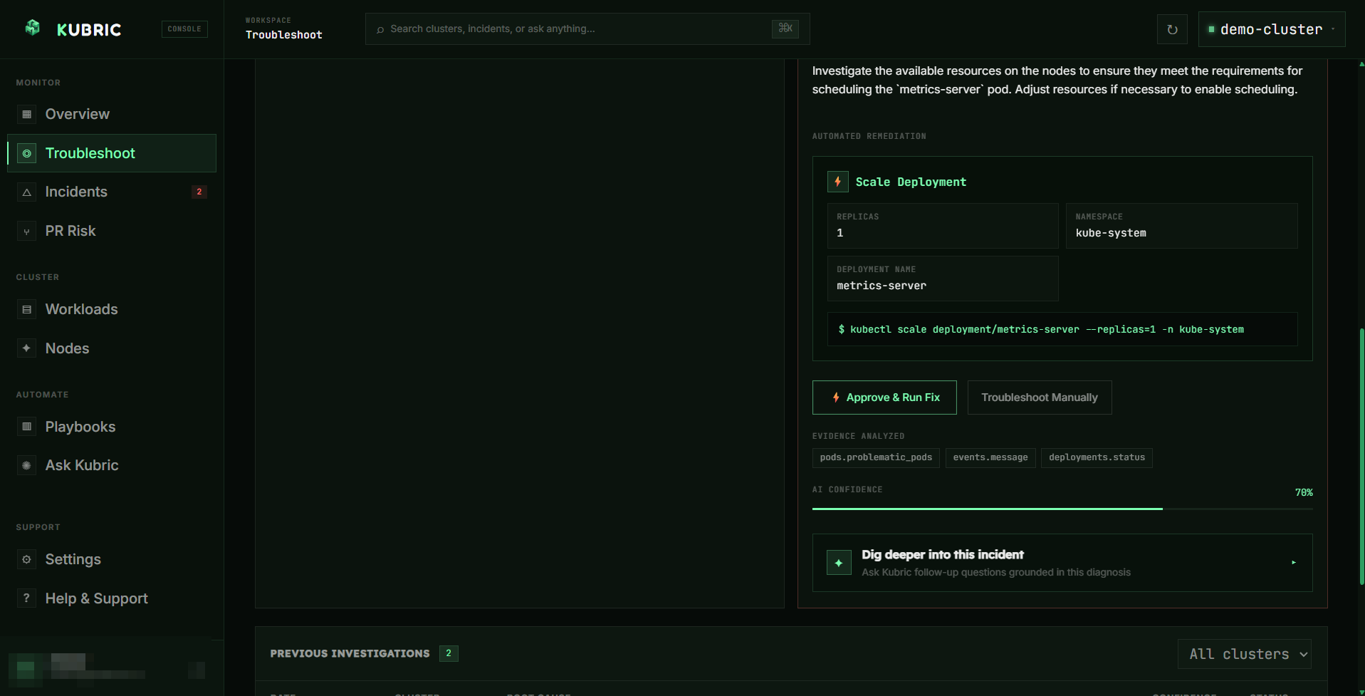 Automated remediation card showing the action, the exact kubectl command, and a 'Fix applied successfully' confirmation