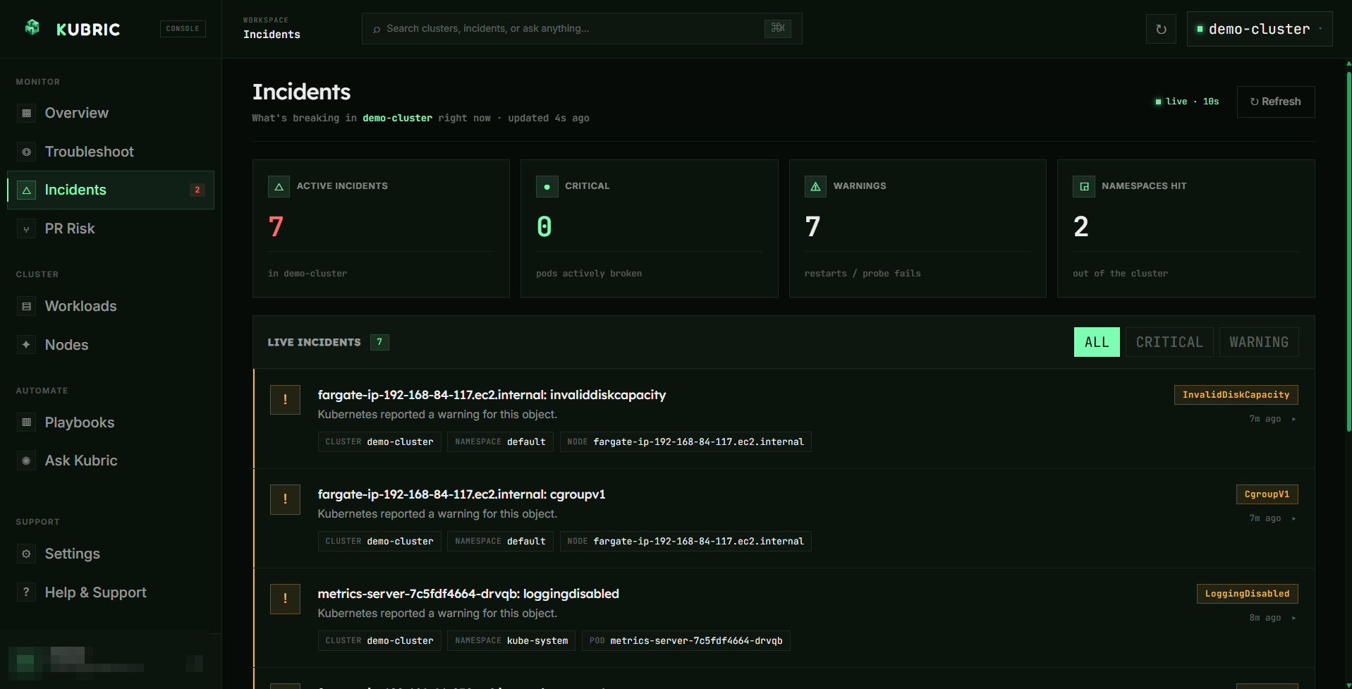 Incidents list: critical and warning cards with title, why-it-happened, cluster/namespace/pod chips, and failure type badge