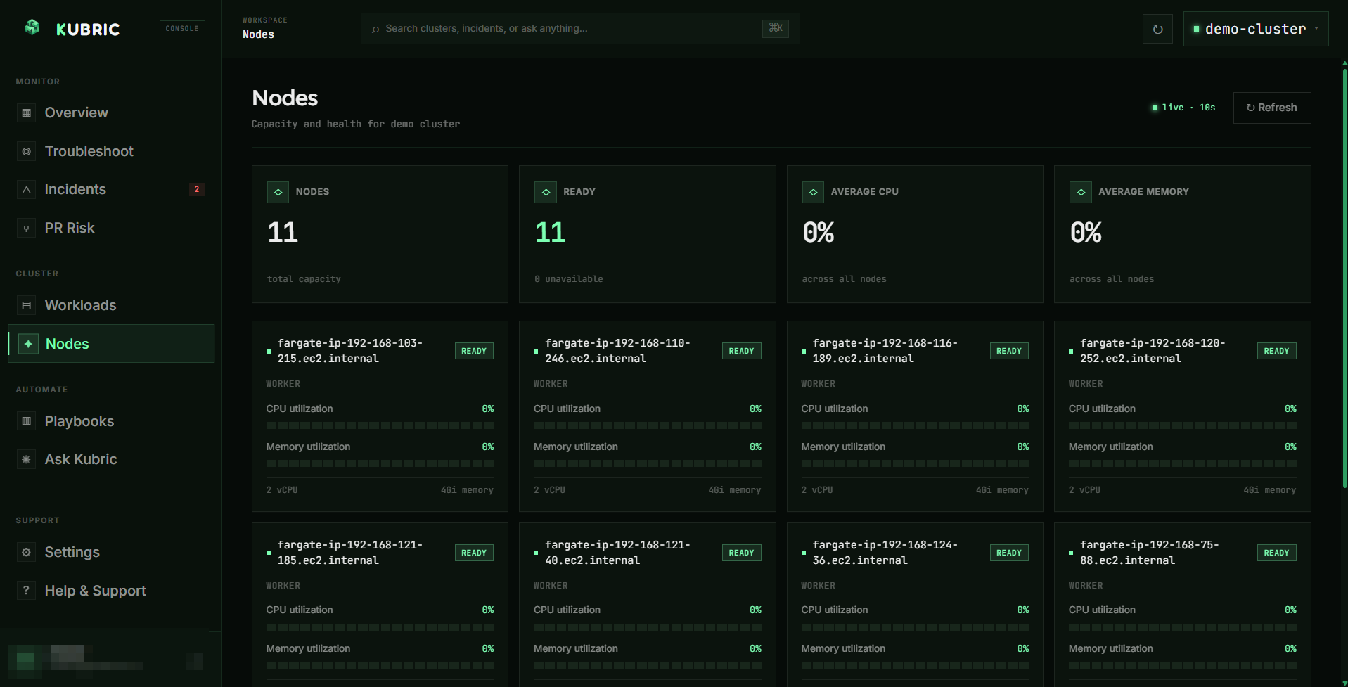Nodes screen: node name, status, roles, CPU% and memory% usage