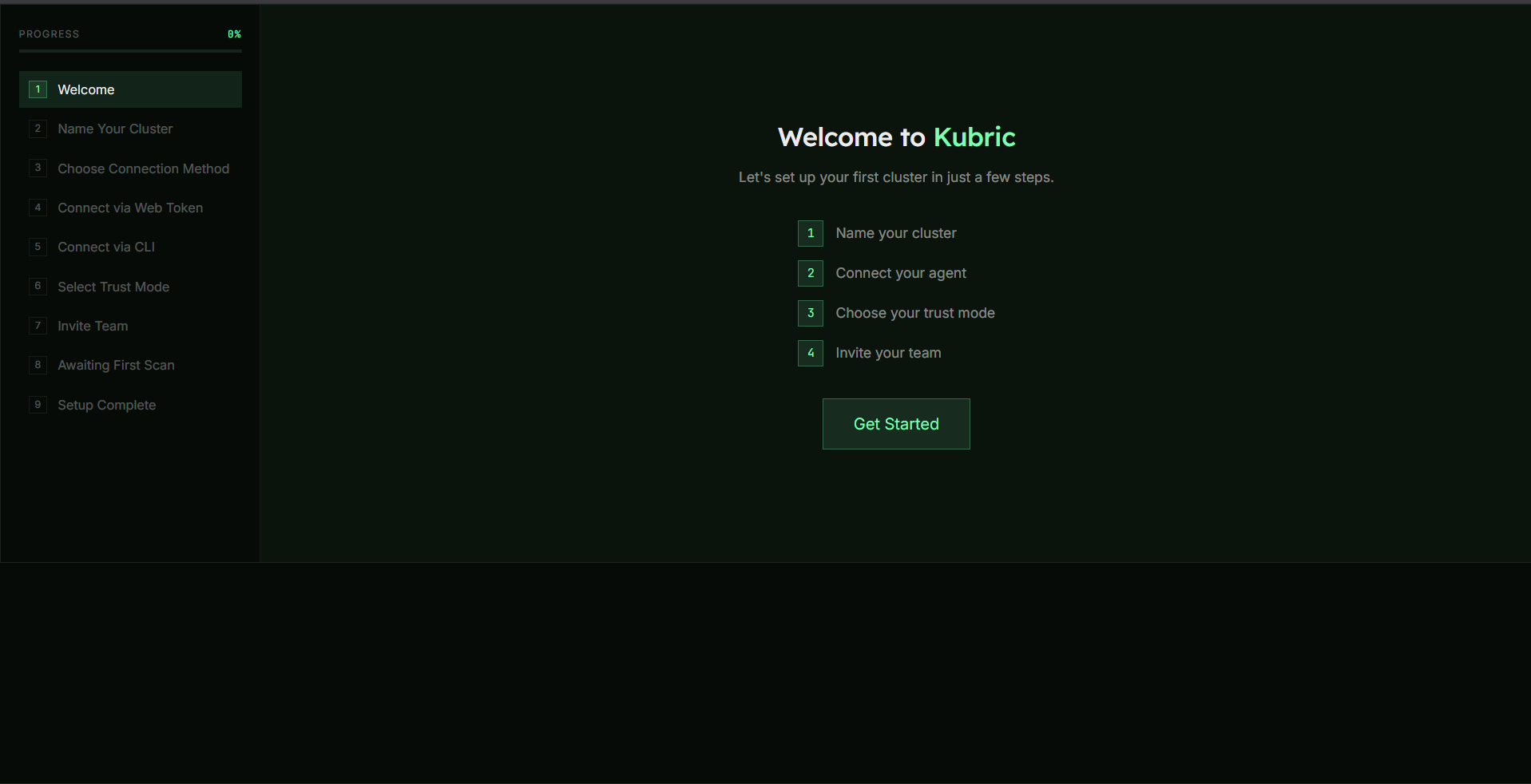 Onboarding wizard — first step, with the progress tracker on the left