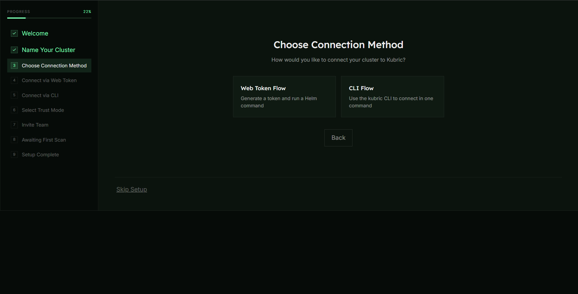 Onboarding wizard — connecting the cluster / selecting a trust mode