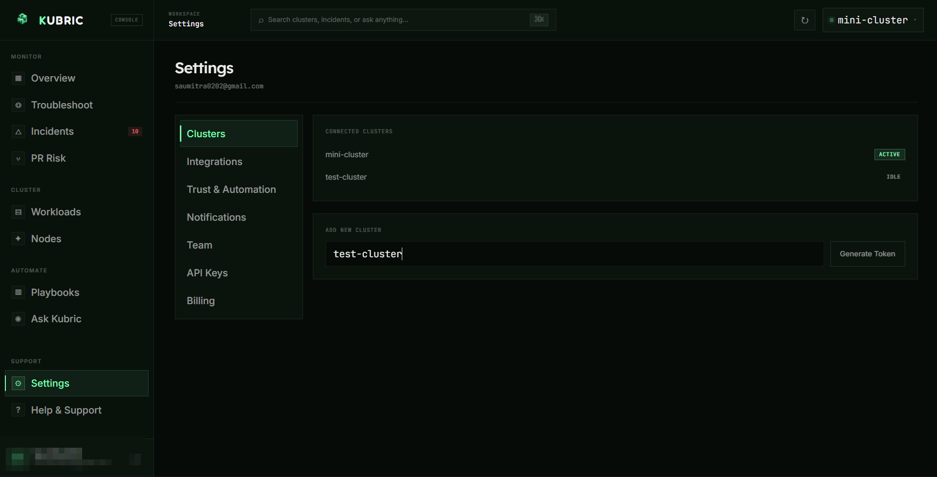 Settings → Clusters: adding a new cluster and entering its name