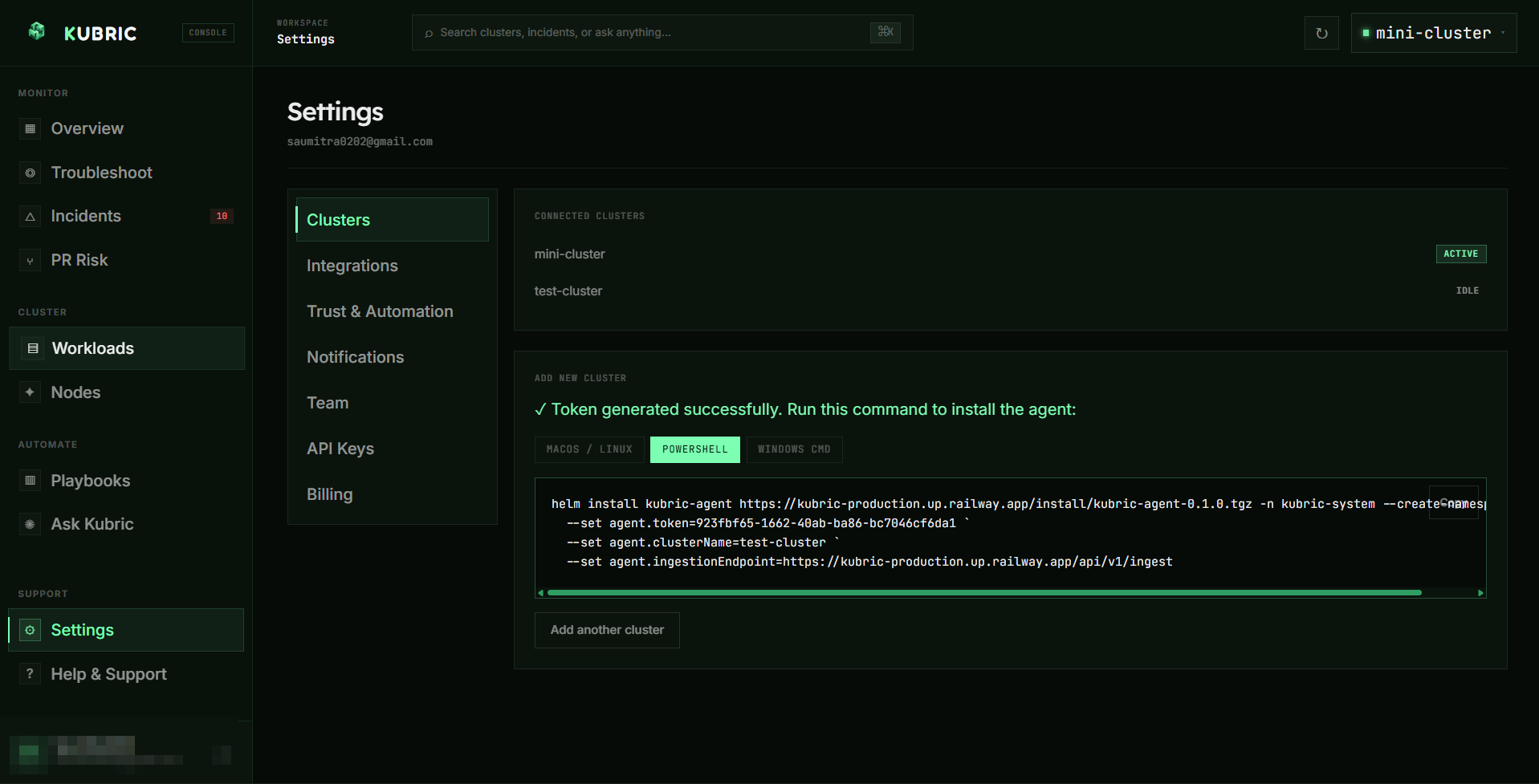 Settings → Clusters: generated cluster token with the shell-specific Helm install command and copy button