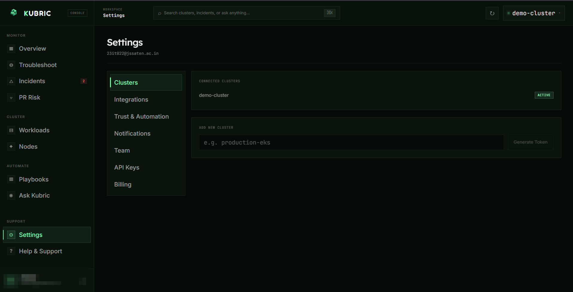 Settings → Clusters: connected clusters list and 'Add new cluster' with a generated token and shell-specific Helm command