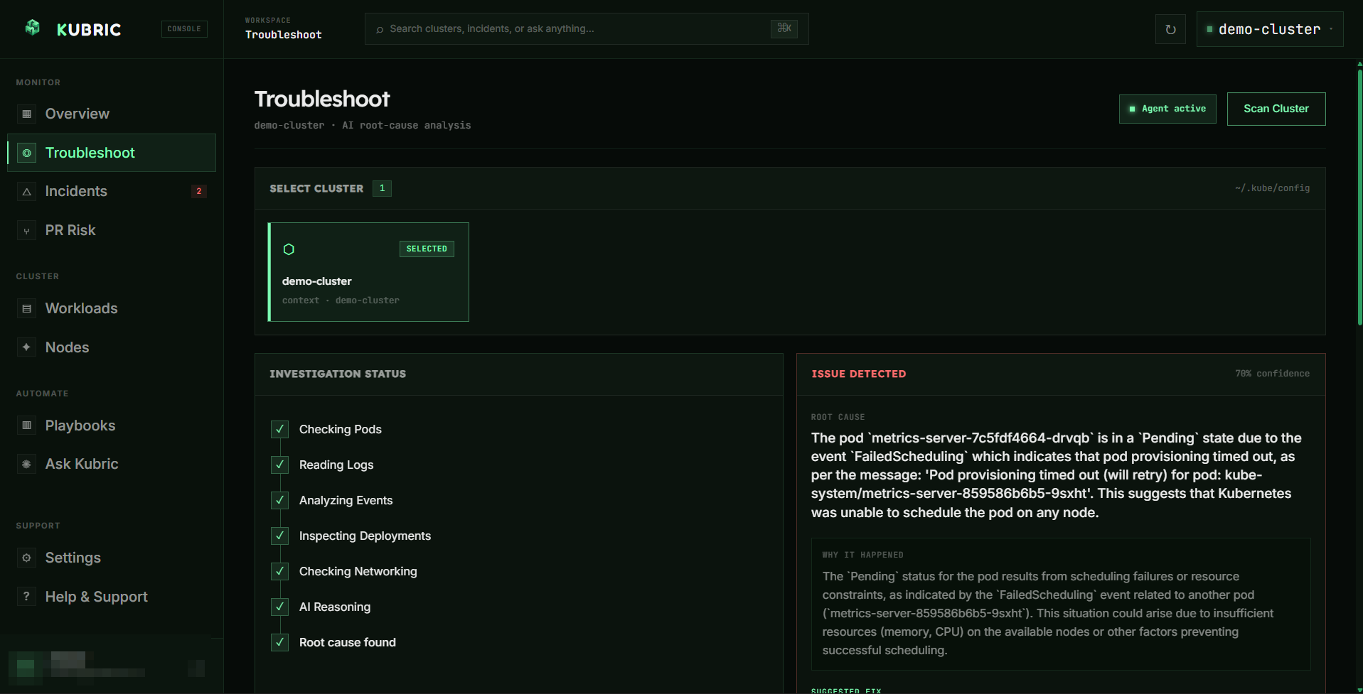 Troubleshoot: left progress checklist (Checking Pods, Reading Logs, Analyzing Events, Inspecting Deployments, Checking Networking, AI Reasoning, Root cause found), right panel with Root cause, Why it happened, Impact, Suggested fix, and evidence