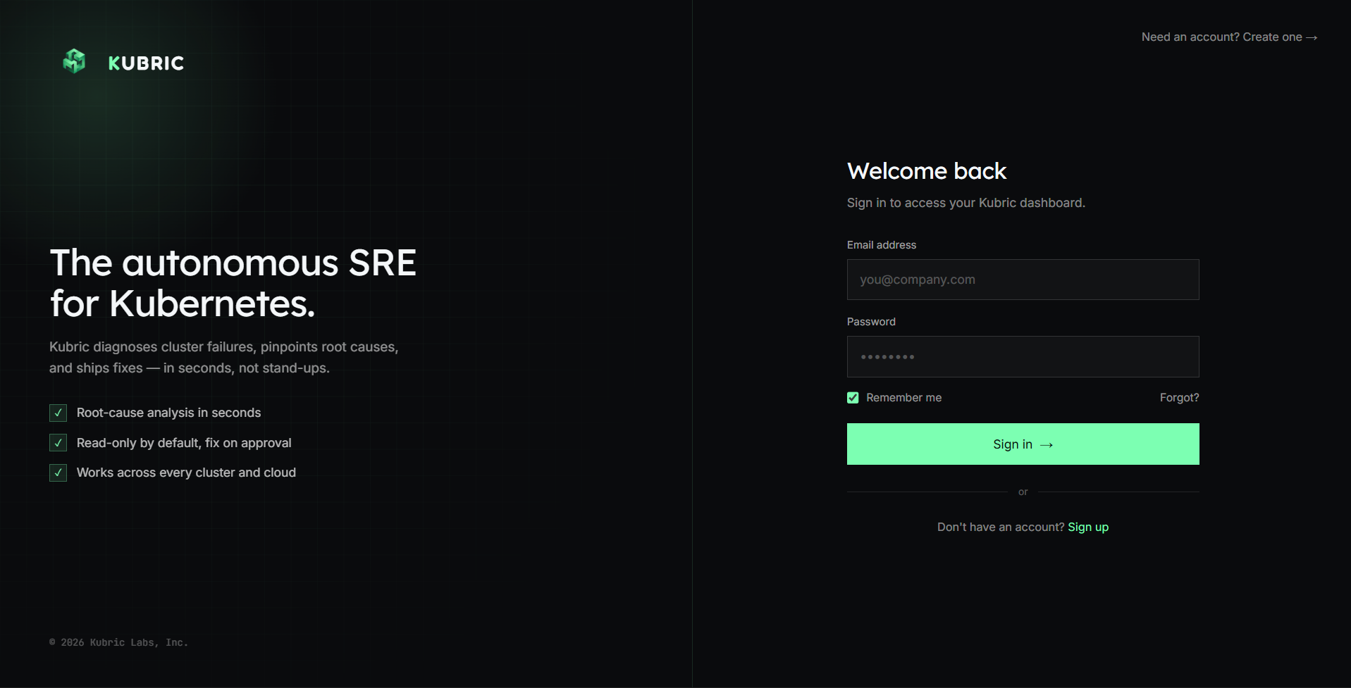 Sign-up / login screen with brand panel on the left and form on the right